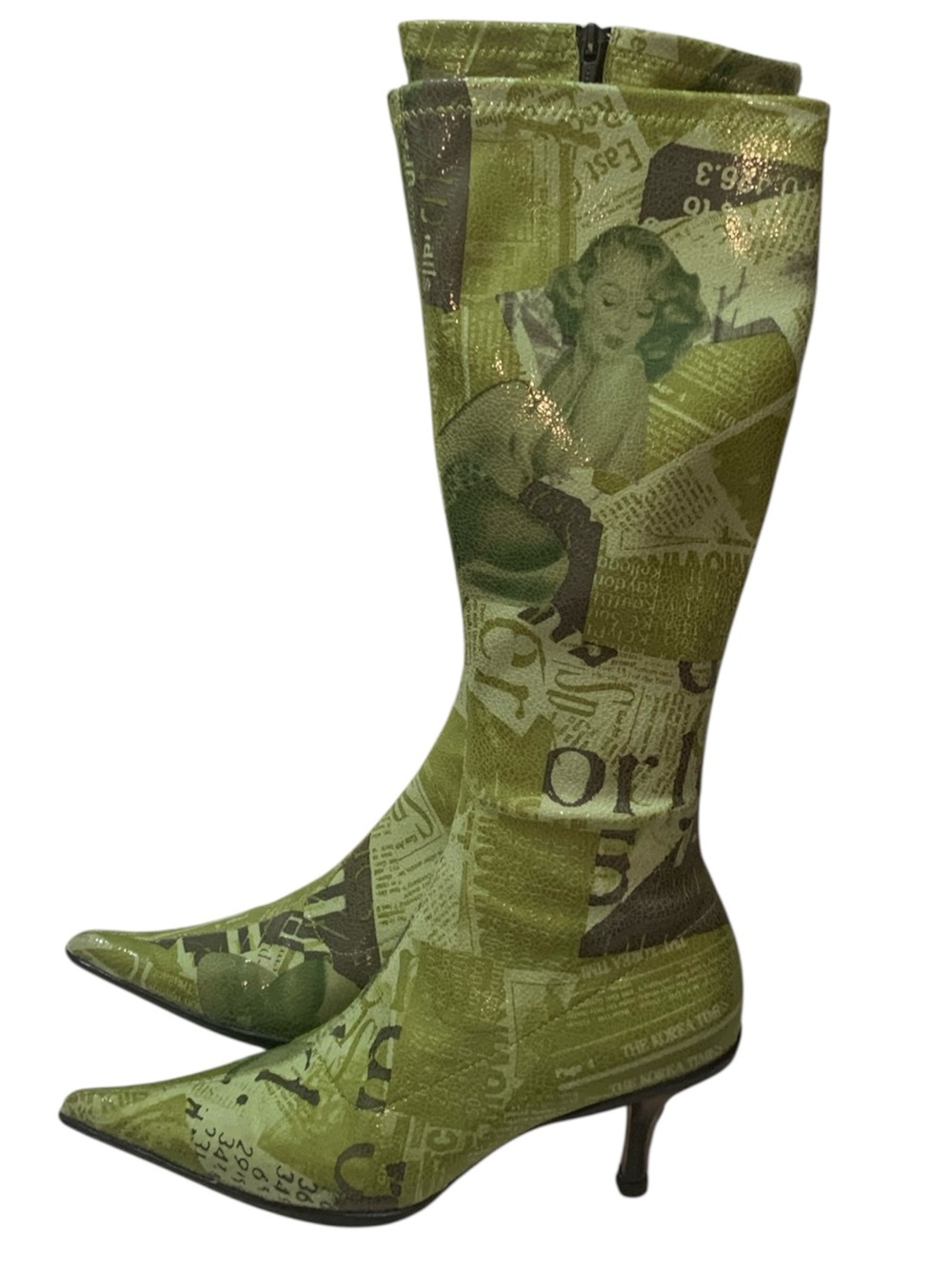 RARE Elle Newspaper Print Green Fitted Point Toe Kitten Heel Boots